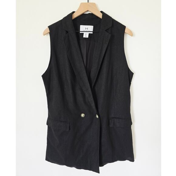 Halston Black Sleeveless Long Blazer Vest Linen Blend Size L - Picture 1 of 3